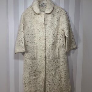 ZARA Ecru Cream Wool Blend Crochet Textured Knitted Coat Coatigan Size S